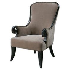 a chair that is upholstered with black trim