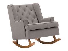 Light grey upholstered rocking chair with wooden legs, featuring a high back and cushioned seat for comfort. Ideal for living rooms and nurseries, blending modern design with timeless elegance. Tufted Rocking Chair, Nursery Rocker, Wooden Rocker, Modern Rocking Chair, Wood Rocking Chair, Living Room Essentials, Rocking Chairs, Chair Types, Grey Chair