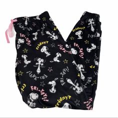 Peanuts Snoopy Friday? Fri-Yay! Pajama Bottoms Sizes Small, Medium Black, White, Pink, Yellow, Gray, Grey New With Tags, Never Worn Drawstring And Elastic Waist Elastic Ankles No Pockets Measures Approx In Inches On A Flat Lay: Small - Inseam 29.5, Rise 11, Waist 16 Medium - Inseam 29.75, Rise 11.25, Waist 16.5 Large- Inseam 30, Rise 11.5, Waist 17 Sleepwear, Tgif, Cozy, Warm, Soft, Pjs Snoopy Pjs, Disney Pj Pants, Snoopy Friday, Cute Pajama Pants, Pjs Pants, Soft Pjs, Snoopy Pajamas, Black Kawaii, Fri Yay