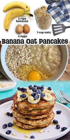 banana oat pancakes on a plate with blueberries and bananas