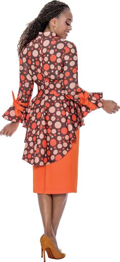 Stellar Looks 600242 2 piece Polka Dot Scuba Skirt Suit Color: Brown/Orange Size: 8, 10, 12, 14, 16, 16W, 18, 18W, 20W, 22W, 24W, 26W Fitted Polka Dot Sets For Spring, Orange Long Sleeve Party Sets, Spring Party Sets In Orange, Spring Party Orange Sets, Scuba Skirt, Wardrobe Upgrade, Denim Maxi Dress, Scuba Fabric, Sash Belts