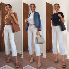 White Cropped Jeans Outfit Summer, Business Casual Sandals Outfit, Jeans Bianchi Outfit, White Crop Jeans Outfit, Straight Cropped Jeans Outfit, Summer Outf, Outfit Trabajo, Style Straight Leg Jeans, Cropped Jeans Outfit