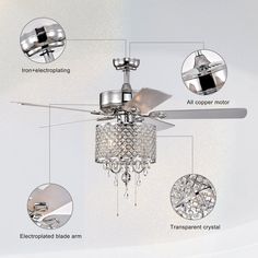 an image of a ceiling fan with crystal chandelier and light bulbs labeled on it