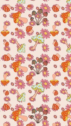 a pink background with flowers and mushrooms on it