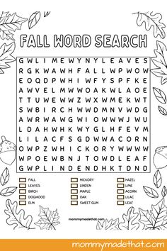 the fall word search is shown in black and white