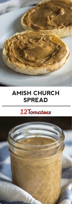 an image of bread with peanut butter on it and the words, amish church spread