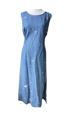 Women’s PS Jane Ashley Long Sleeveless Denim Dress With Butterfly Embroidery | eBay Summer Embroidered Blue Denim Vest, Blue Embroidered Denim Vest For Summer, Embroidered Blue Denim Vest For Summer, Summer Cotton Denim Vest With Floral Embroidery, Summer Embroidered Denim Vest, Casual Embroidered Denim Vest For Summer, Vintage Blue Sleeveless Denim Dress, Summer Embroidered Denim Blue Dress, Vintage Sleeveless Denim Dress For Summer