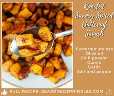 a spoon full of butternut squash on top of a white plate with text overlay