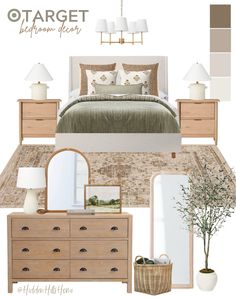 a bedroom is shown with neutrals and whites on the bed, dresser, mirror, lamps, and lamp shades