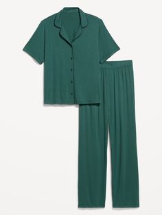 set includes sleep shirt and matching pants notched collar short sleeves button front elastic-waist pants top has loose fit and hits below waist bottoms sit at waist with loose thigh and leg models are approx.  5'9" and wear sizes s (4), l (12), and xl (18)machine wash according to the care instruction label