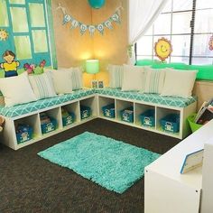 a child's playroom with lots of storage