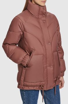 A stand collar punctuates this streamlined, quilted jacket with an extra element of timeless sophistication. 28 1/2" length Stand collar Lined 100% nylon Machine wash, tumble dry Imported Model stats: 5'10" height, 32" bust, 25" waist, 36" hip. Model is wearing size Small. Solid Quilted Down Outerwear, Solid Quilted Jacket For Cold Weather, Quilted Jacket For Cold Weather, Oversized Puffer Jacket, Quilted Puffer Jacket, A Stand, Jacket Sale, Quilted Jacket, Puffer Jacket