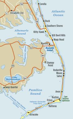 a map of outer banks, nc showing the location of the city and its major roads