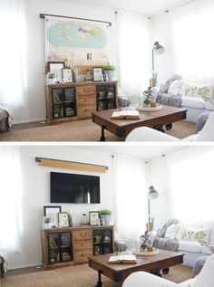 two pictures of a living room with couches and coffee table