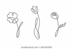 three flowers are drawn in one line on a white background with the word love written below it