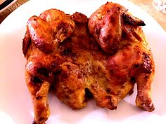 two pieces of chicken sitting on top of a white plate