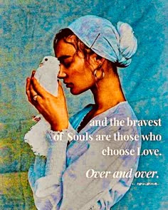 a woman holding a bird in her right hand with a quote on the back ground