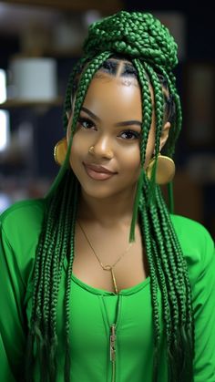 25 Enchanting Colors for Braided Hair Half And Half Color Braids, Braided Hair Colors, Black And Green Box Braids, Green Braids For Black Women, Braids With Twist, Green Box Braids, Take Care Of Curly Hair, Christmas Braids, Green Braids