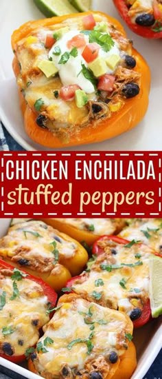 chicken enchilada stuffed peppers with avocado and cilantro on the side