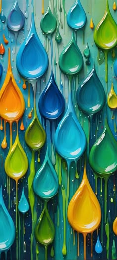 the painting is colorful and has drops of paint on it's surface, as if dripping from different colors