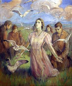 a painting of a woman surrounded by seagulls in a field with other people