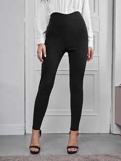 Black Casual   Polyester Plain Skinny  Slight Stretch All Women Bottoms Women Bottoms, Trendy Fashion Women, Black Casual, First Order, Fashion Clothes Women, Womens Bottoms, High Rise, Spandex, Zipper