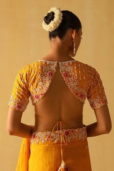 Mustard yellow saree with floral dabka zardosi embroidery. Paired with a raw silk embroidered blouse with a zero back. - Aza Fashions Zardosi Embroidery, Yellow Saree, Silk Organza, Embroidered Blouse, Mustard Yellow, Embroidered Silk, Raw Silk, Aza Fashion, Custom Made