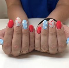 Short Gel Nails 4th Of July, Red White And Blue Cherry Nails, Cherry Fourth Of July Nails, Subtle America Nails, 4th Of July Nails With Cherries, Fourth Of July Nails Cherry, Red White And Blue Checkered Nails, Short Nail Designs 4th Of July, 4th Of July Nails Funky