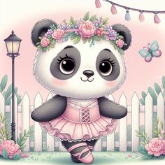 a panda bear wearing a pink dress standing in front of a fence with flowers on it's head