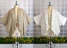 "Hand made Linen Gauze Jacket with soft and cool fabric. Suggested Retail $165 in high end Galleries and Boutiques around the world. Resurrect your refined wardrobe collection with the Linen & Gauze Designer Asymmetrical Oversize Bolero Jacket . An impeccably tailored piece that lends itself to both day and evening wear. this half cross-breasted construction accentuates the waist with a flawlessly generous cut. The Hi-Low construction is chic and stunning.  Wear it over a Dress, Tunic Tank with Oversize Jacket, Linen Gauze, Open Jacket, Linen Romper, Linen Jackets, Poncho Style, Bolero Jacket, Linen Jacket, Linen Tunic