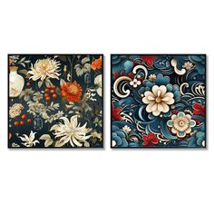 two paintings depicting flowers and leaves on black background, one is blue with red accents