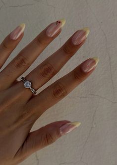 #yellow #haileybieber Yellow Acrylics Almond, Hailey Bieber Nails Cherry, 2024 Simple Nails, Yellow French Nails With Cherry, French Nails Yellow Tips, Lemon Tip Nails, Yellow Tip Chrome Nails, Almond Nails Basic Design, Yellow French Tip With Cherries