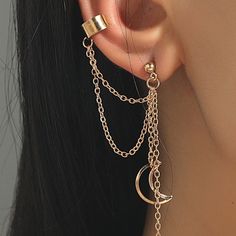 Super Cute Moon And Star Gold Drop Earring With A Gold Ear Cuff Chain! 1pc Earring For Mismatched Styling! Ear Cuff Chain, Inexpensive Jewelry, Pretty Jewelry Necklaces, Gold Ear Cuff, Jewelry Accessories Ideas, Fancy Jewellery, Ear Cuffs, Fancy Jewelry, Moon Star