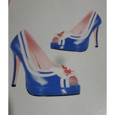 a pair of blue and white high heels with bows