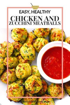 easy healthy chicken and zucchini meatballs on a plate with ketchup