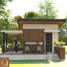 a woman standing on the porch of a small house next to a pool with chairs