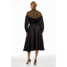 Black (Main: 100% Polyester; Second Fabric: 90% Polyester 10% Elastane). Casual Dresses. Collared. Long Sleeve. Front Button Closure. Shoulder to Hemline Length: 50.5". Imported. Casual Fall A-line Midi Dress, Fitted Midi Dress With Stand Collar For Fall, Fitted Shirt Dress For Evening In Fall, Fall A-line Midi Dress With Buttons, Fitted Midi Length Shirt Dress For Winter, Fall Daywear Dresses With Stand Collar, Fall Midi Shirt Dress With Button Closure, Fall Dress With Stand Collar For Daywear, Collared Buttoned Midi Dress For Fall