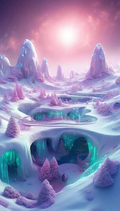 an alien landscape with snow and ice formations