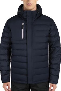 Lesmart Men's Lightweight Warm Puffer Jacket Navy Nylon Outerwear For Outdoor, Insulated Long Sleeve Puffer Jacket For Winter Sports, Functional Nylon Puffer Jacket For Winter Sports, Sporty Quilted Jacket For Winter Outdoor Activities, Navy Nylon Functional Outerwear, Sports Windproof Nylon Puffer Jacket, Windproof Down Puffer Jacket For Winter Sports, Winter Down Quilted Jacket For Outdoor Activities, Functional Down Quilted Jacket For Cold Weather