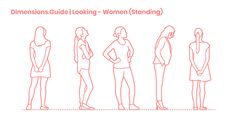 a line drawing of women standing in different positions, with the text dimensionss guide looking - women standing