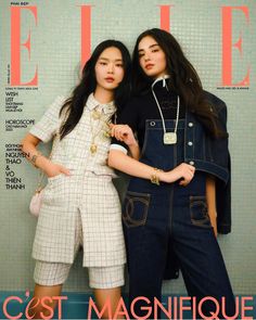 two women standing next to each other in front of a magazine cover with the words'c'est magnifique'written on it