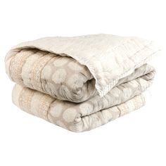 two blankets stacked on top of each other in front of a white background and one is folded up