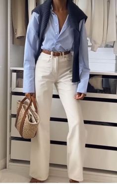 White And Blue Button Up Shirt Outfit, White Pants Outfit Winter Classy, Old Money Blouse, Blue Outfit Classy, Old Money Outfits Autumn Women, Career Fair Outfit, White Pants Outfit Aesthetic, Beige And Blue Outfit, Blue And Beige Outfit