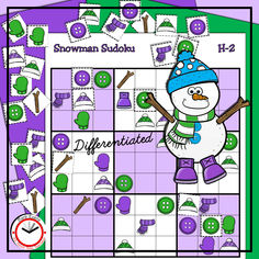 a snowman sudoku board game is shown with the words differentiated in purple and green