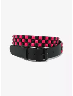 Pink & Black Three Row Pyramid Stud Belt Hot Topic Belts, Hot Pink Accessories, Scene Clothes, Stud Belt, Seatbelt Belt, Scene Accessories, Goth Clothes, Scene Outfits, Older Sister