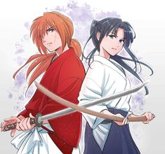 two anime characters with swords in their hands, one holding the other's hand