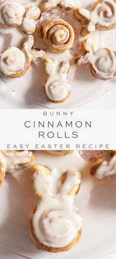 cinnamon rolls on a plate with icing drizzled over them and the words, bunny cinnamon rolls easy easter recipe