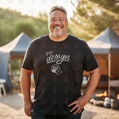 INSTANT DOWNLOAD - no physical item will be delivered Camping mockup highlighting a plus-size father in a black T-shirt, enjoying the outdoors. Man's Black T shirt mockup digital file. On our store you can find unique, trendy and price friendly mockups of men and women's T shirts. Just put your design on the t-shirts and start selling like a pro! Once your payment is cleared, you will receive an email with the download link. You can also access your purchase via your Etsy profile. Download the files, and start working on your images.  The high-resolution JPG file of t-shirt mockup will be blank and without any watermarks. Use any image editing software and add your design on top of the base image. Now you can upload it to your online store. Each mockup photo can be used multiple times. - Y Picnic Background, Camping Background, Black T Shirt Mockup, Girls White T Shirt, Girls White Shirt, Male Shirt, Camping Site, Base Image, Image Editing Software