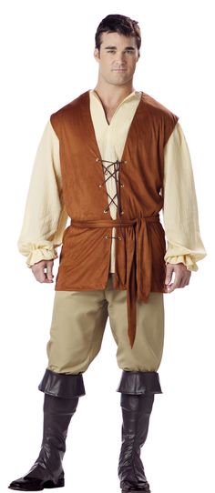 I believe the character 'Mercutio' would blend into this attire, as it is plain, much like his role in the story. Peasant Outfit, Medieval Clothing Men, Peasant Clothing, Peasant Costume, Medieval Peasant, Medieval Costume, Medieval Clothing, Medieval Dress