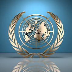 the emblem of the united nations is shown in this 3d rendering image, with a blue background